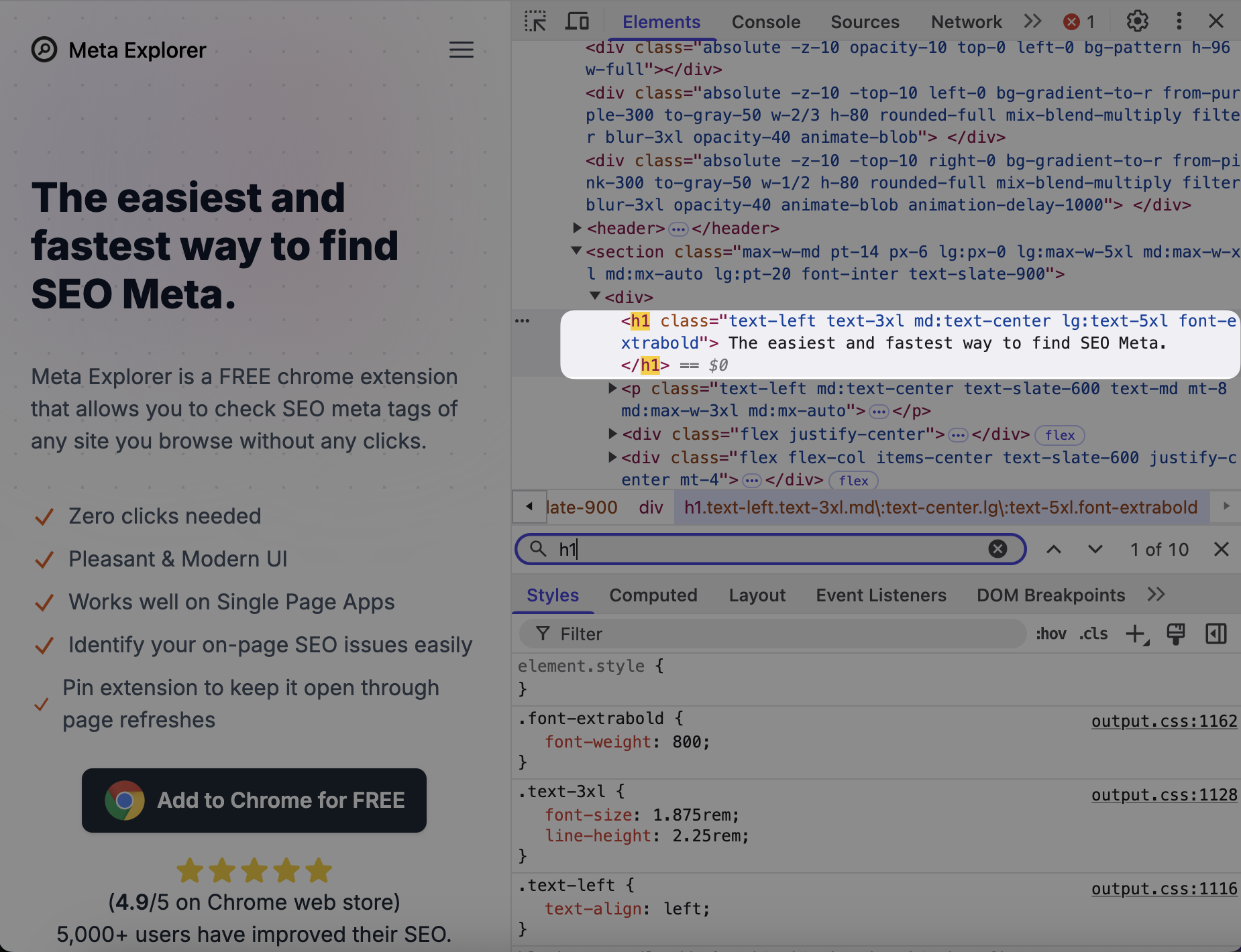 Find H1 tags from developer tools